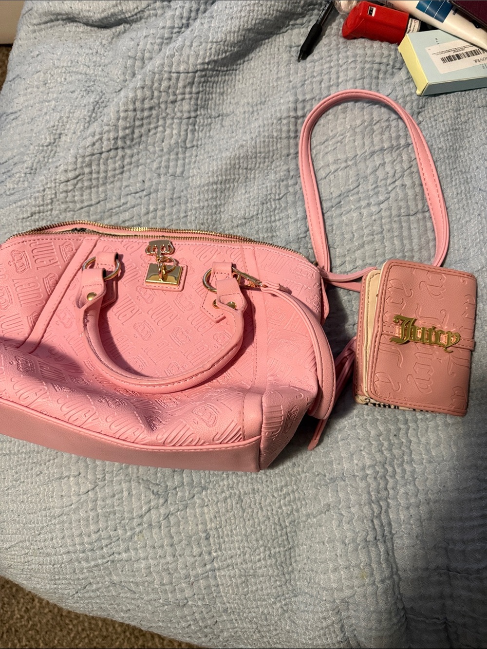 Juicy Couture Pink Embossed Satchel with Matching Card Case